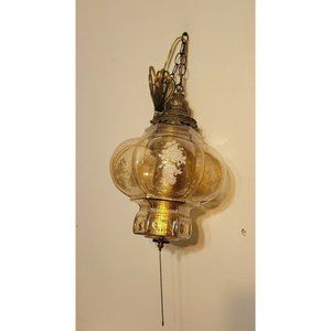 VTG Hanging AMBER PEACH LUSTRE Glass Globe Swag Light Lamp Etched
